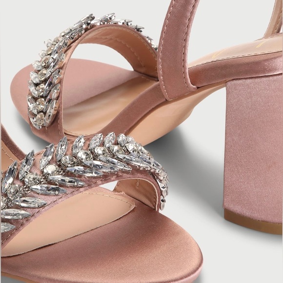 Sulliee Blush Satin Rhinestone Leaf Ankle Strap Heels ~ Block Heels ~ Baby Pink - Picture 5 of 8